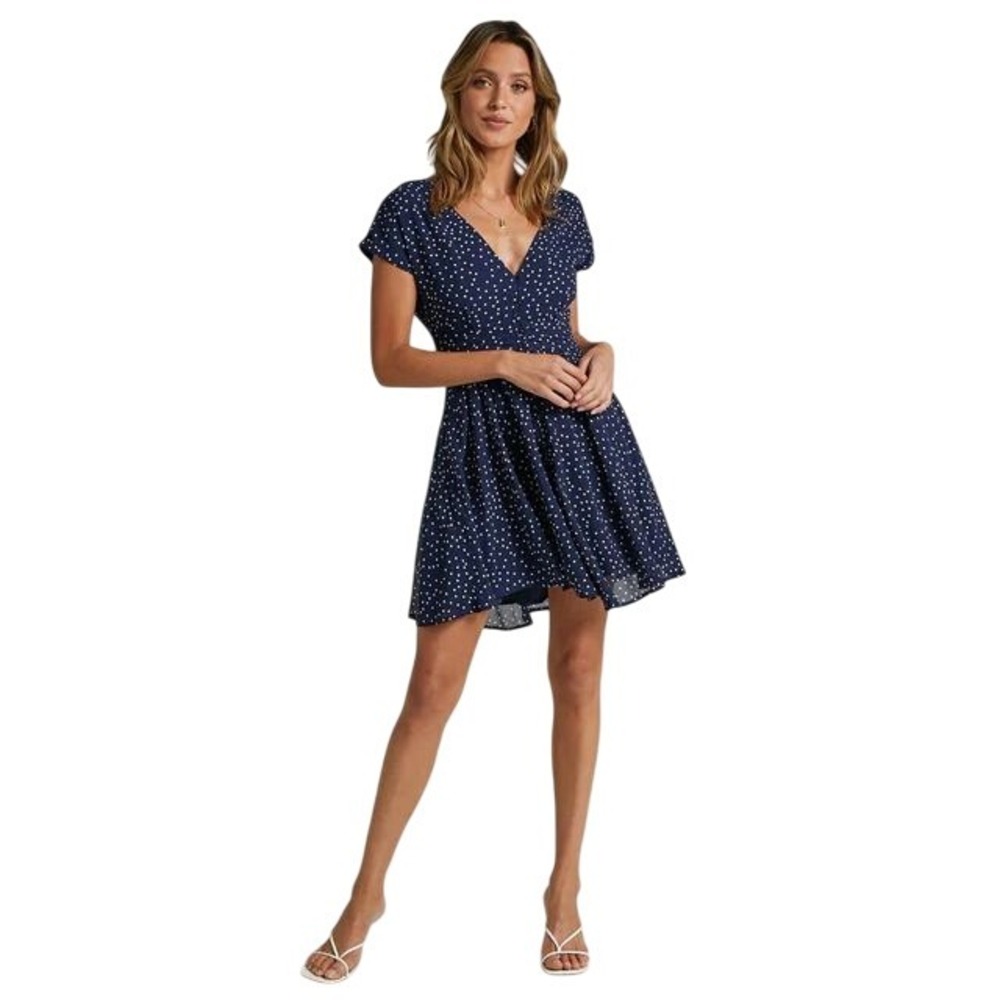 Showpo Mini Dress Navy Blue White Polka Dot Button Front Fall Flirty Party Cute